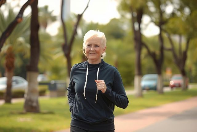 The image shows an older woman outdoors, likely jogging or running on a path. She has white hair and is wearing a dark jacket. Her hands are placed at her sides in front of her. 
