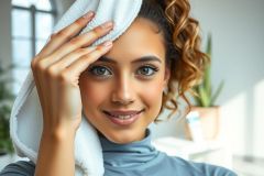 Close-up of a smiling woman holding a white towel to her forehead. She has curly hair and is wearing a blue top, set against a blurred indoor background with plants. Natural lighting, portrait style.