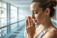 Relaxation and wellness concept. A young woman with a bun, holding a white towel, stands near a blue swimming pool in a bright, modern spa setting. Serene portrait, showcasing beauty and tranquility.