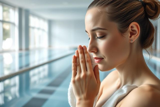 Relaxation and wellness concept. A young woman with a bun, holding a white towel, stands near a blue swimming pool in a bright, modern spa setting. Serene portrait, showcasing beauty and tranquility.