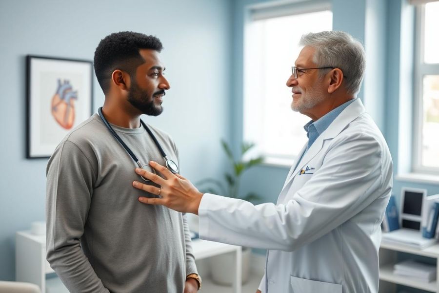 Doctor examining patient in a bright, modern clinic. A healthcare professional uses a stethoscope on a man's chest during a medical checkup. Blue walls and a framed heart illustration create a clinical setting. Focus on health, wellness, and doctor-patient relationship.