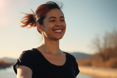 The image features a woman with a joyful expression. She is smiling broadly, showing her teeth, which indicates she's happy. The setting appears to be outdoors during what might be either sunrise or sunset given the soft lighting and long shadows on the ground.