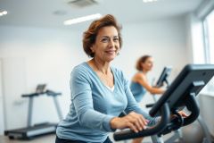 Two women exercising on stationary bikes in a bright, modern gym. The focus is on a smiling mature woman in blue workout gear. The scene promotes fitness, health, and active aging, with a clean white and gray environment.