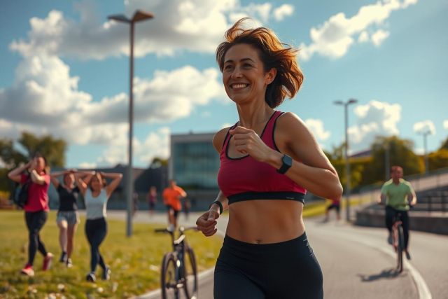 The image depicts an outdoor scene with a woman in the center, jogging on a road. She is wearing athletic attire and appears to be enjoying her run. To her left, there are other people engaged in various physical activities such as cycling or walking. The environment suggests a sunny day, likely during a race or sporting event due to the presence of spectators and participants in motion.