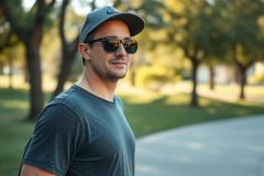 Stylish man wearing sunglasses and a baseball cap stands outdoors in a park. The image features a blurred background of trees and greenery, with a focus on the man's casual attire and confident expression. Predominant colors are gray, black, and natural greens, suggesting a sunny day and active lifestyle.