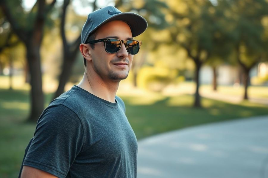Stylish man wearing sunglasses and a baseball cap stands outdoors in a park. The image features a blurred background of trees and greenery, with a focus on the man's casual attire and confident expression. Predominant colors are gray, black, and natural greens, suggesting a sunny day and active lifestyle.
