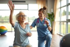 Physical therapist assists elderly woman with exercise. Healthcare setting with exercise ball. Focus on rehabilitation, senior care, and wellness. Bright, positive atmosphere.