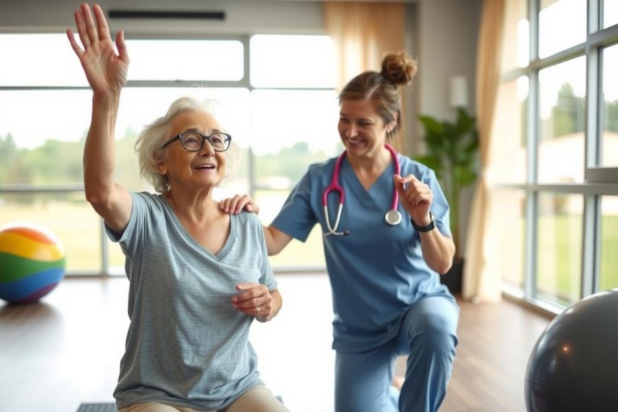 Physical therapist assists elderly woman with exercise. Healthcare setting with exercise ball. Focus on rehabilitation, senior care, and wellness. Bright, positive atmosphere.