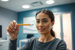 Smiling woman in an office setting holds a pencil near her forehead, suggesting creative thinking. The modern office features blue walls and bright lighting. A concept image representing ideas, brainstorming, and business solutions.