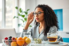Young Black woman with glasses working from home. She's seated at a bright, modern table with a laptop, fruit bowl, and tea, suggesting a healthy and productive lifestyle. Natural light and a clean, minimalist environment create a calm, focused atmosphere. Home office, work from home, lifestyle.