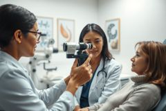 An optometrist examines a patient's eyes in a modern clinic. The scene features a doctor using an ophthalmoscope on a seated patient, with another healthcare professional assisting. The image uses a clean, bright color palette and depicts a routine eye exam in a professional medical setting.