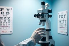 Close-up of a laboratory microscope with eye charts in the background. A gloved hand adjusts the focus, suggesting scientific research or an eye exam. The scene features cool blue tones and a sterile, clinical environment, highlighting medical technology and healthcare concepts.