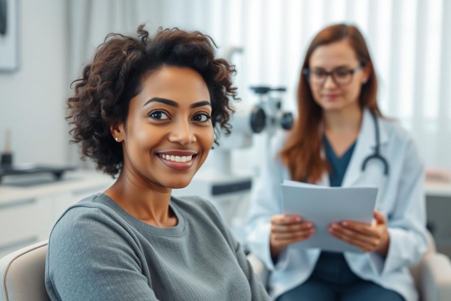 Smiling Black woman in a doctor's office. A female doctor with red hair and glasses is in the background holding medical documents. Bright, clean environment with neutral tones and a focus on healthcare and patient care.