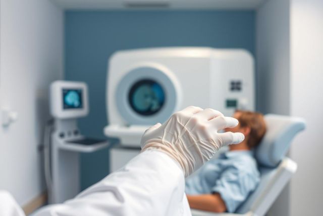 Medical imaging scan. A gloved hand reaches towards a patient undergoing an MRI in a modern, blue-toned clinic. Focus is on the scanner and control panel, suggesting healthcare technology and diagnostics. 