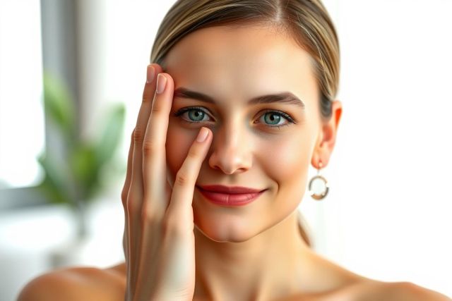 Portrait of a woman with a gentle expression, hand near her face, soft lighting. Natural environment with plants visible in the background. Warm tones and a focus on beauty and serenity.