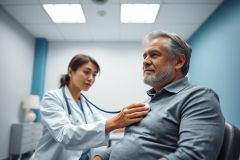 Doctor examining a patient's heart with a stethoscope in a bright, modern clinic. Healthcare professional performing a checkup on a mature man. Medical examination, cardiology, and patient care are key themes. Blue and white color palette.