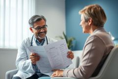 Doctor consults with a patient in a bright, modern clinic. The male physician, wearing a white coat, reviews documents with a smiling patient. Blue and white tones dominate the scene, conveying a sense of trust and healthcare professionalism.