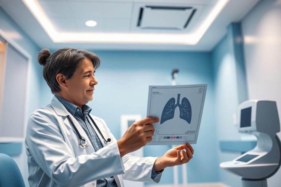 A female doctor in a white coat examines a lung X-ray in a modern, blue-toned medical clinic. The image showcases healthcare diagnostics and respiratory health, with a focus on medical imaging and professional medical examination. Bright, clean lighting highlights the clinical setting.