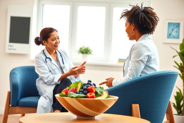 A doctor in a white coat discusses nutrition with a patient in a brightly lit office. A bowl of fruit sits on a table. Healthcare and wellness concept.
