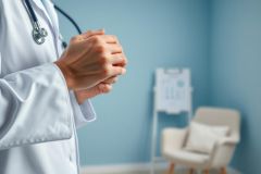 Doctor in white coat with stethoscope, hands clasped, in a calm blue medical office setting. Focus on healthcare professional, patient care, and medical environment. Soft lighting and a blurred background of a chair and clipboard create a serene atmosphere.