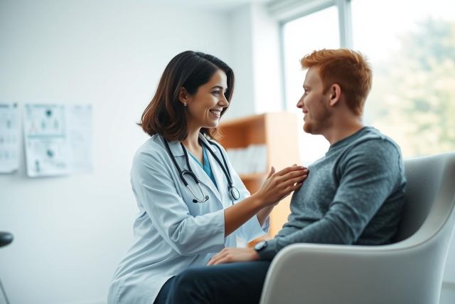 A friendly female doctor in a white coat and stethoscope examines a young man during a medical consultation in a bright, modern clinic. The scene conveys healthcare, patient care, and a positive doctor-patient relationship. Warm lighting and a clean, professional environment are prominent.