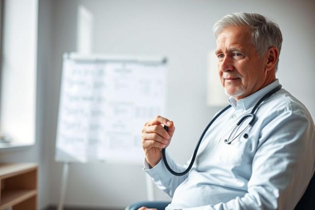 Mature male doctor in a white shirt and stethoscope sits in a bright, modern office. He appears thoughtful, with a whiteboard visible in the background. Healthcare professional, medical office, consultation, senior doctor, white coat.
