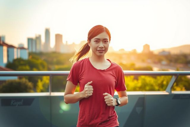 The image depicts a woman standing on an outdoor balcony or ledge during the golden hour. She is wearing athletic attire, including a red top, with her hair tied back. 