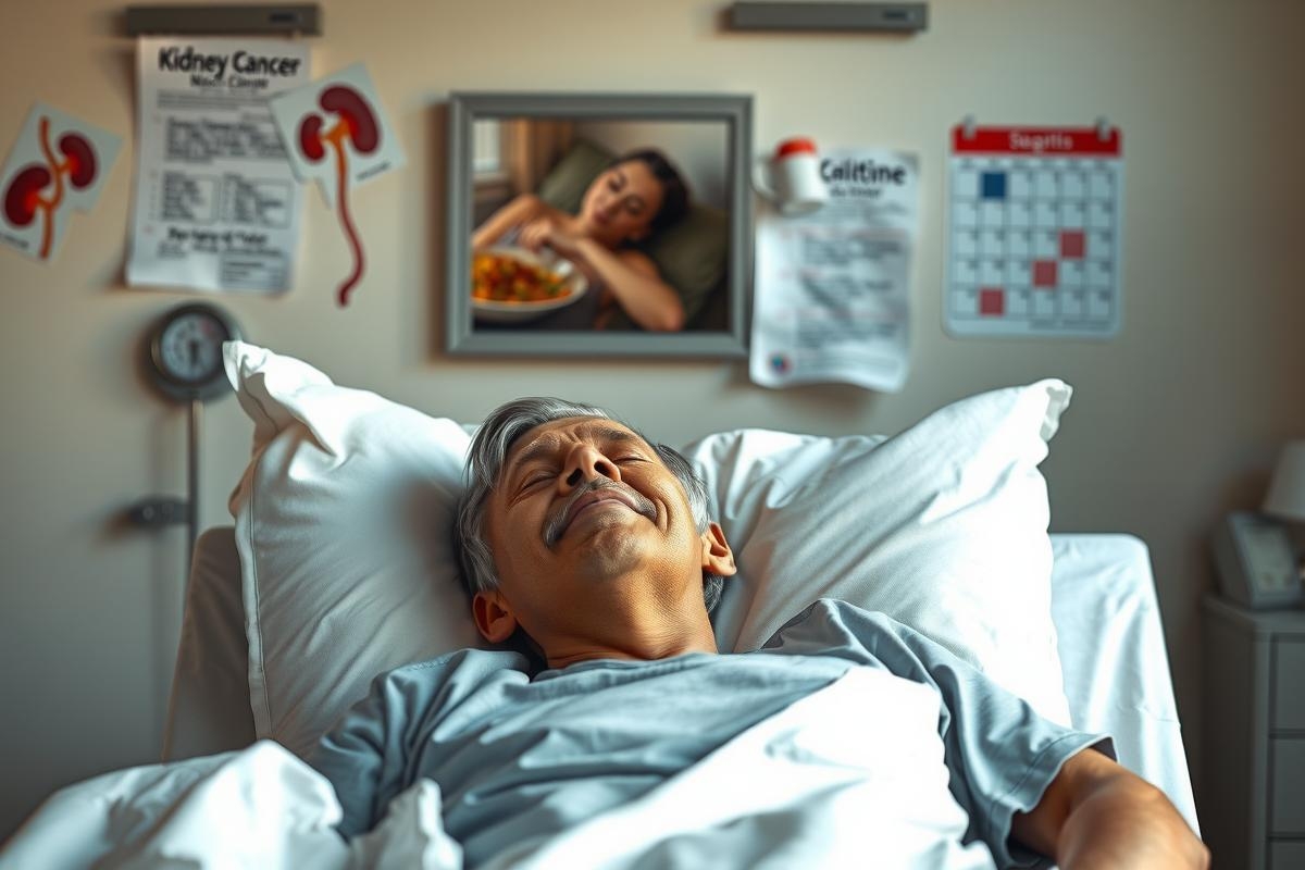 The image features an elderly male patient in a hospital bed. He has white hair and is wearing casual clothing that appears worn. The patient's expression is one of concern or worry.