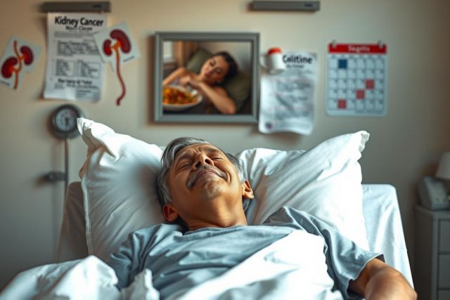 The image features an elderly male patient in a hospital bed. He has white hair and is wearing casual clothing that appears worn. The patient's expression is one of concern or worry.