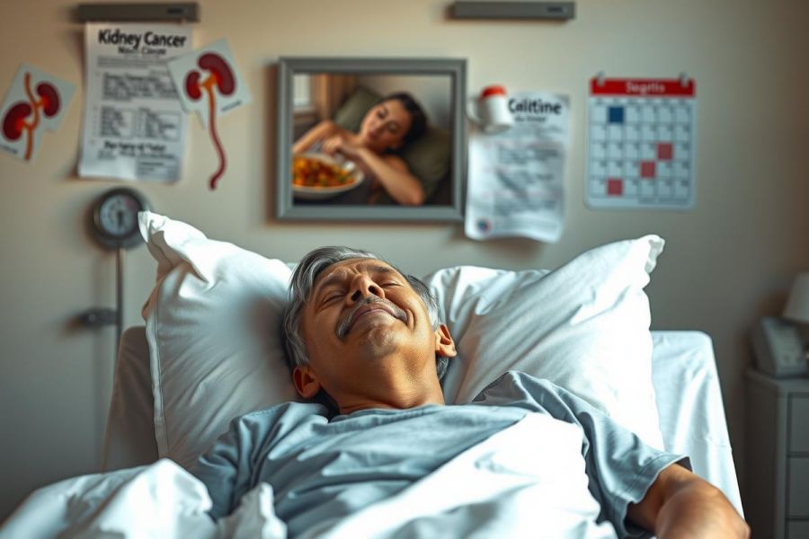 The image features an elderly male patient in a hospital bed. He has white hair and is wearing casual clothing that appears worn. The patient's expression is one of concern or worry.