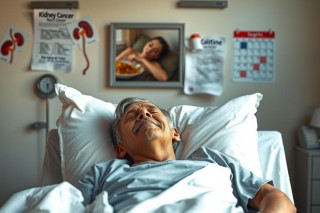 The image features an elderly male patient in a hospital bed. He has white hair and is wearing casual clothing that appears worn. The patient's expression is one of concern or worry.