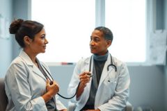Doctor and patient in a medical office setting. The image shows a female patient and a male doctor, both wearing white coats and stethoscopes. The scene conveys a healthcare consultation, with a focus on patient care and medical examination in a bright, modern environment. Keywords: doctor, patient, healthcare, medical, consultation, stethoscope, office.