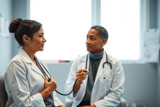 Doctor and patient in a medical office setting. The image shows a female patient and a male doctor, both wearing white coats and stethoscopes. The scene conveys a healthcare consultation, with a focus on patient care and medical examination in a bright, modern environment. Keywords: doctor, patient, healthcare, medical, consultation, stethoscope, office.