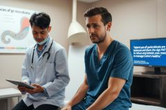 The image depicts a clinical setting where a doctor is consulting with a patient, possibly regarding an illness or injury. The patient is seated on an examination table, while the doctor stands nearby holding what appears to be medical records or a clipboard.
