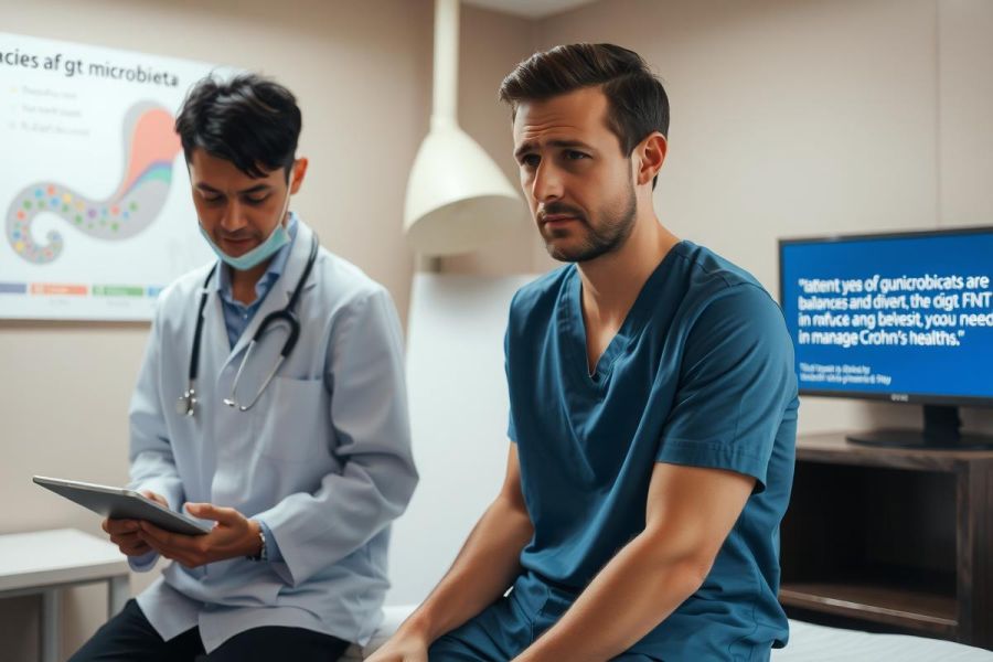 The image depicts a clinical setting where a doctor is consulting with a patient, possibly regarding an illness or injury. The patient is seated on an examination table, while the doctor stands nearby holding what appears to be medical records or a clipboard.