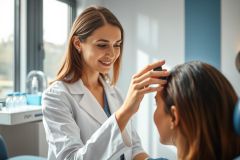 A smiling female doctor in a white coat examines a patient's head with a neurological tool in a bright, modern medical clinic. The scene features natural light and a calming blue accent wall, suggesting a healthcare setting focused on neurological assessment.