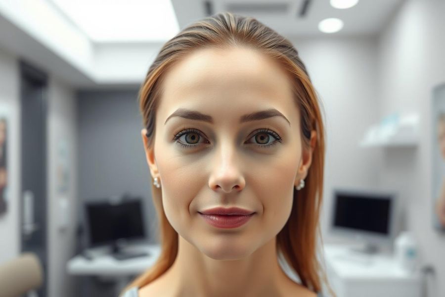 Close-up portrait of a young woman with auburn hair and fair skin, smiling directly at the camera. She's in a modern, sterile environment possibly a medical or dental office with computers and bright lighting. Neutral color palette with accents of gray and white. Focus on beauty, health, and professional setting.