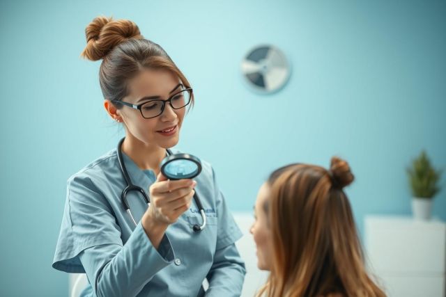 Healthcare professional examining a patient's eyes with an ophthalmoscope in a bright, modern medical office. The scene features a female nurse in blue scrubs and glasses, with a patient seated nearby. Blue and white tones dominate the environment, depicting a routine eye exam.