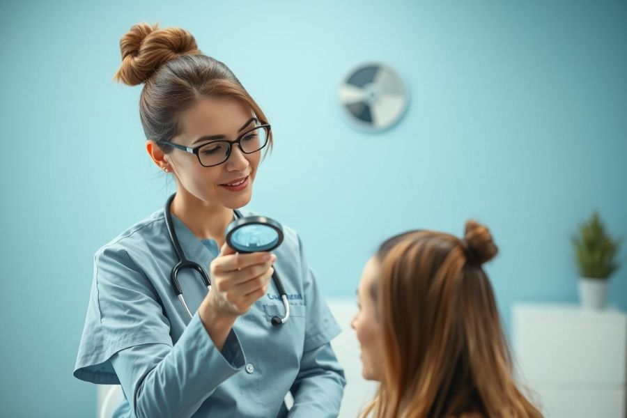 Healthcare professional examining a patient's eyes with an ophthalmoscope in a bright, modern medical office. The scene features a female nurse in blue scrubs and glasses, with a patient seated nearby. Blue and white tones dominate the environment, depicting a routine eye exam.