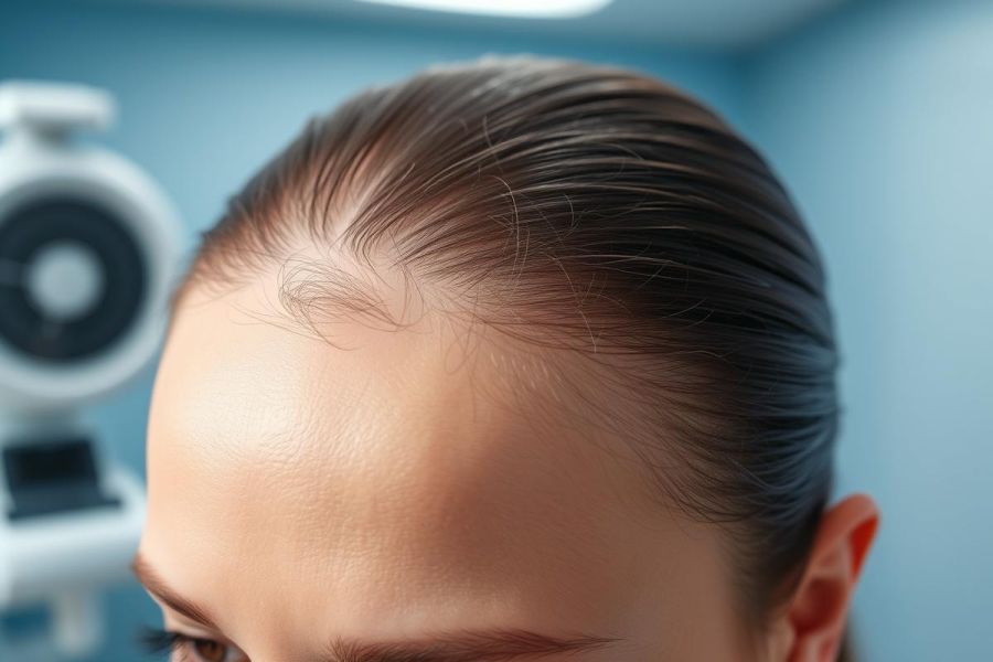 Close-up of a woman's forehead showing receding hairline and thinning hair. Blue background suggests a medical or dermatology setting. Focus on hair loss and scalp health.