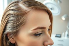 Close-up of a woman's face showcasing brow shaping and hair recession. Warm neutral tones dominate, with a focus on the forehead and eye area. A medical examination light is visible in the background, suggesting a beauty or dermatology setting.
