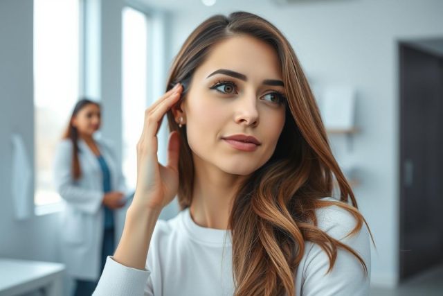 Portrait of a young woman with long brown hair in a modern, bright medical clinic. She appears thoughtful while a healthcare professional in a white coat stands in the background. The image features neutral colors and a clean, professional aesthetic, suggesting health, wellness, or dermatology themes.