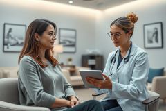 Doctor consults with a patient in a modern clinic. A female physician, wearing a white coat and stethoscope, shows a tablet to a woman during a healthcare appointment. The scene features neutral colors and a calm, professional environment, representing medical consultation and patient care.