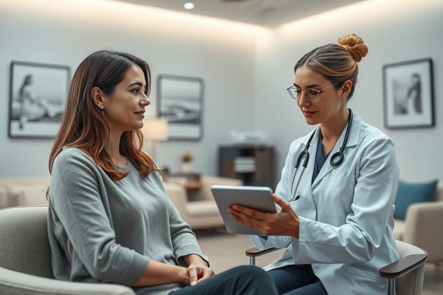 Doctor consults with a patient in a modern clinic. A female physician, wearing a white coat and stethoscope, shows a tablet to a woman during a healthcare appointment. The scene features neutral colors and a calm, professional environment, representing medical consultation and patient care.