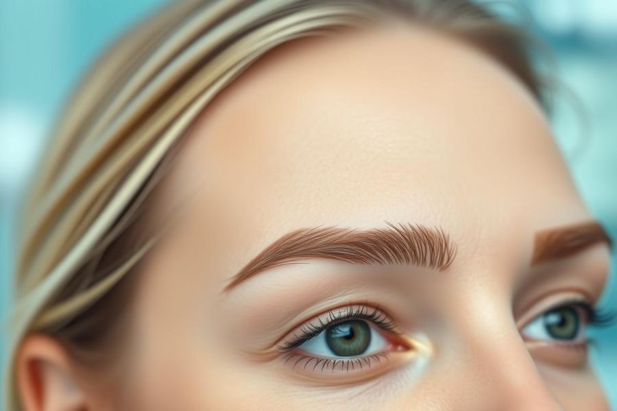 Close-up of a woman's face featuring striking green eyes and perfectly shaped brown eyebrows. The image showcases beauty, makeup, and a blurred blue background. Focus is on eye and brow aesthetics, ideal for beauty tutorials or cosmetic searches.