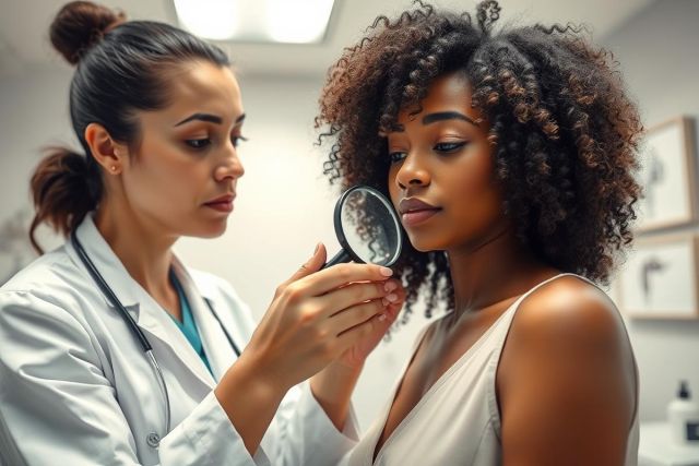Dermatologist examining a patient's skin with a magnifying glass in a clinical setting. Focus on skin health, medical checkup, and dermatology. The image features a doctor in a white coat and a woman with curly hair, showcasing a professional skin examination.