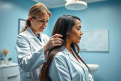 Doctor examining patient's back in a medical clinic. The image features a female doctor in a white coat assessing a female patient in a clean, light blue room. Focus on healthcare, examination, and medical professional context.