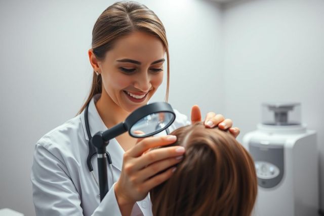 A dermatologist examines a patient's scalp with a magnifying glass in a modern, clinical setting. The image showcases a healthcare professional in a white coat, focusing on hair and potential scalp conditions. 