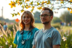Two individuals standing in a natural environment, possibly a park or garden, with trees and grass around them. The person on the left is wearing professional medical attire that includes scrubs and a stethoscope, indicating they might be a doctor or healthcare worker. Both people are smiling and appear to be engaged in a friendly interaction.