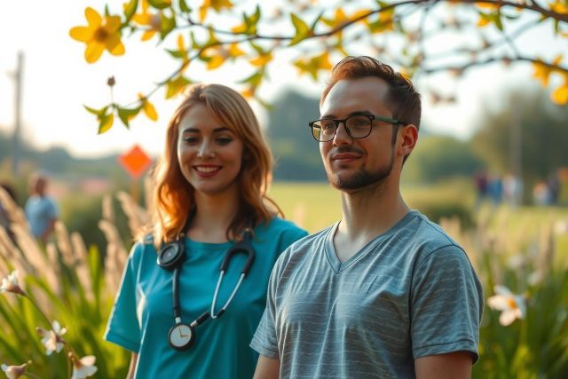 Two individuals standing in a natural environment, possibly a park or garden, with trees and grass around them. The person on the left is wearing professional medical attire that includes scrubs and a stethoscope, indicating they might be a doctor or healthcare worker. Both people are smiling and appear to be engaged in a friendly interaction.